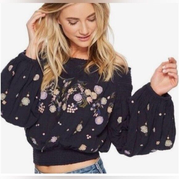 FREE PEOPLE SAACHI SMOCK Off the Shoulder EMBROIDERED FLORAL TOP Size M Boho - Picture 1 of 9